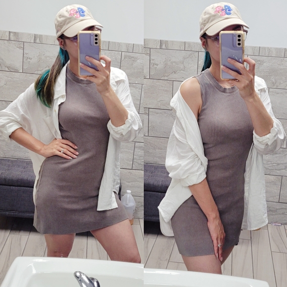 Aritzia / Wilfred Free Dunes Garment Dye Grey Taupe Ribbed Mini Dress, Size S - Picture 8 of 8